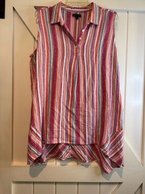 For Cynthia Collared Sleeveless Striped Tunic in Pink, Blue & White